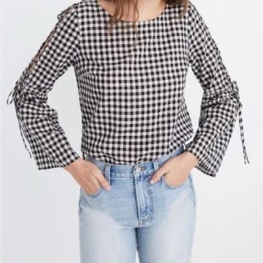 Madewell Black & White Gingham Braided Sleeves Blouse